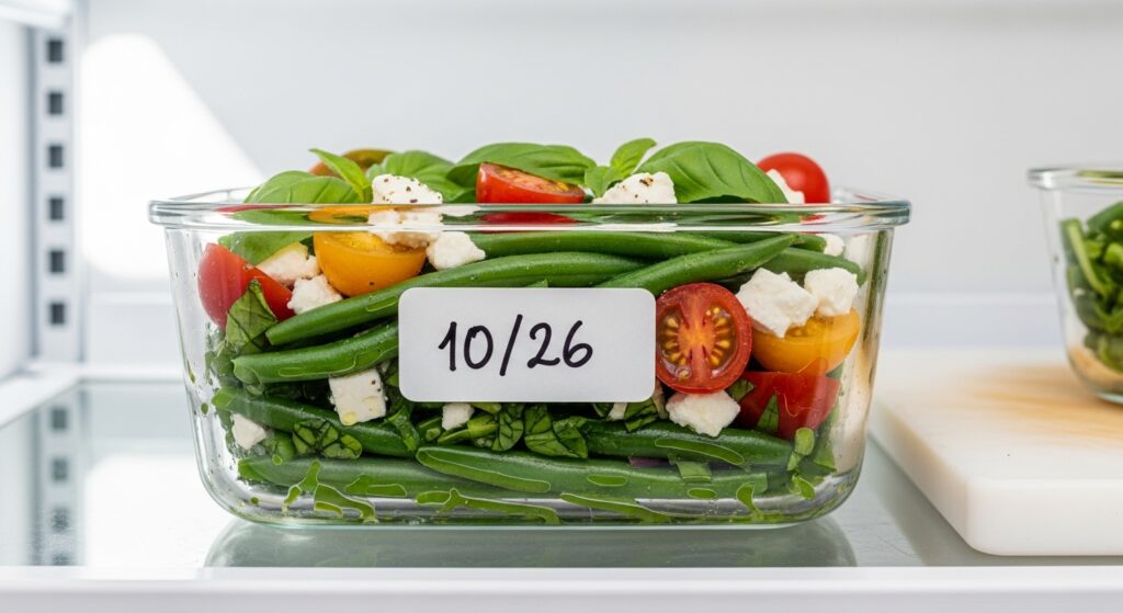 Green bean tomato salad stored in an airtight glass container for refrigeration.