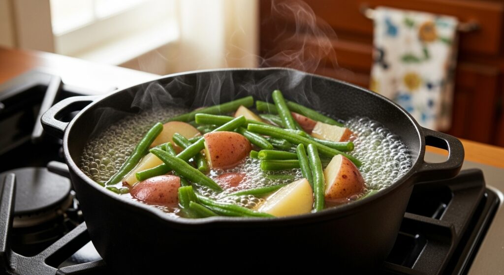 Green beans and potatoes simmering in a pot with steam rising