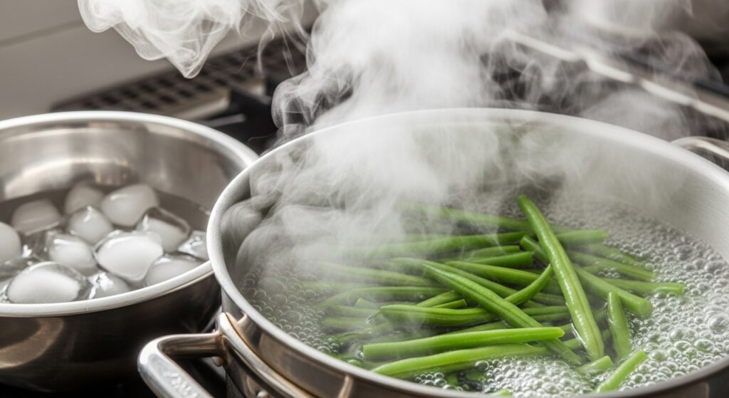 Green beans being blanched in boiling water next to ice bath bowl.
