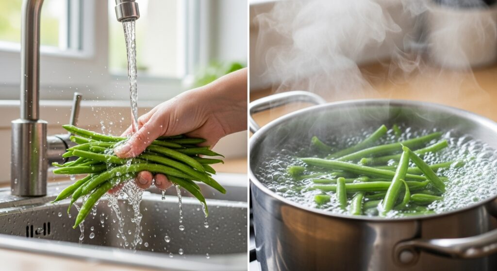 Green beans being washed and blanched for green bean casserole.