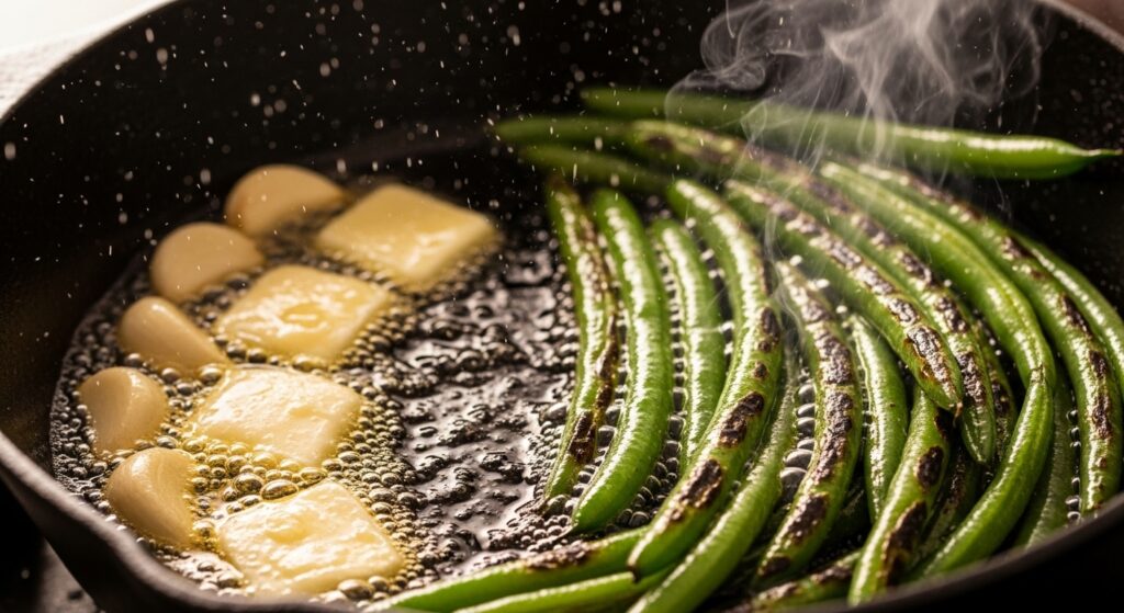 Green beans blistering and blackening in hot cast-iron skillet with garlic butter.