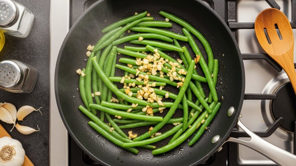 “Green beans sautéed with garlic in a skillet, glossy and tender-crisp.”