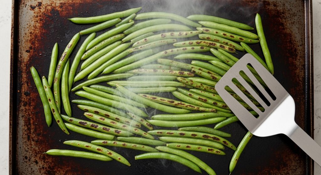Green beans sizzling in a single layer on a hot Blackstone griddle with spatula nearby.