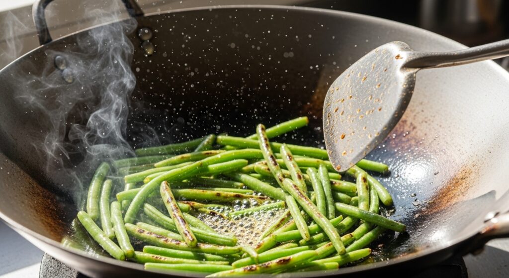 Green beans sizzling in a wok on high heat, beginning to blister and caramelize.