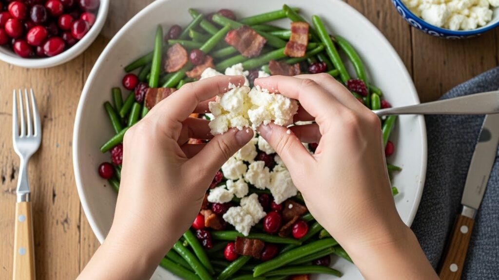 Hands crumbling goat cheese over festive green beans with cranberries and crispy bacon
