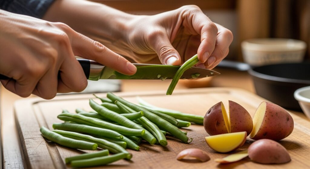 Hands preparing green beans and red potatoes on a wooden cutting board