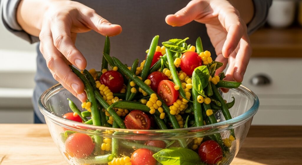 Hands tossing colorful green bean, corn, and tomato salad with dressing in a bowl.