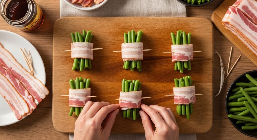 Hands wrapping bacon around green bean bundles on a cutting board using toothpicks.