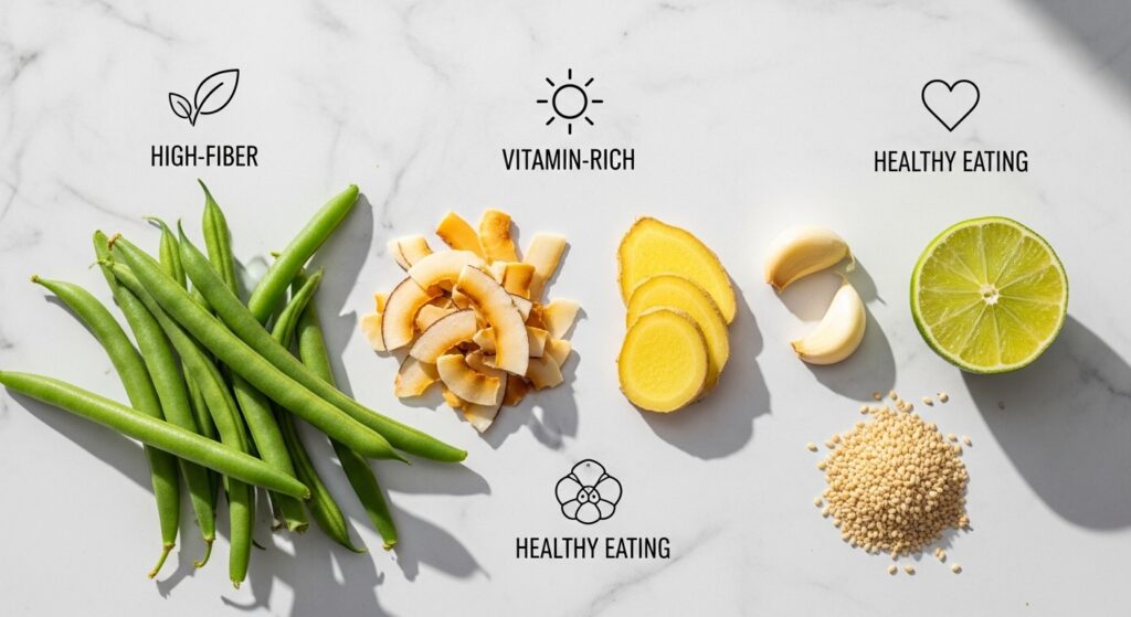 Healthy ingredients like green beans, coconut, ginger, garlic and lime displayed for nutritional benefits