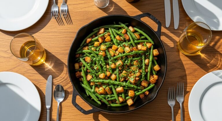 Healthy skillet with cooked green beans and potatoes garnished with parsley