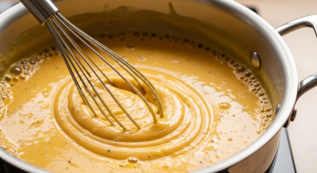 Homemade creamy sauce for green bean casserole with melted cheese.