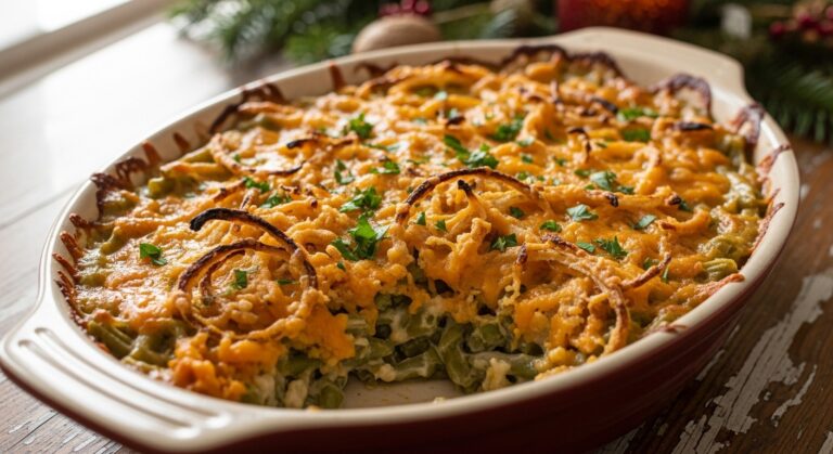 Homemade green bean casserole without mushroom soup, topped with crispy onions and cheddar cheese