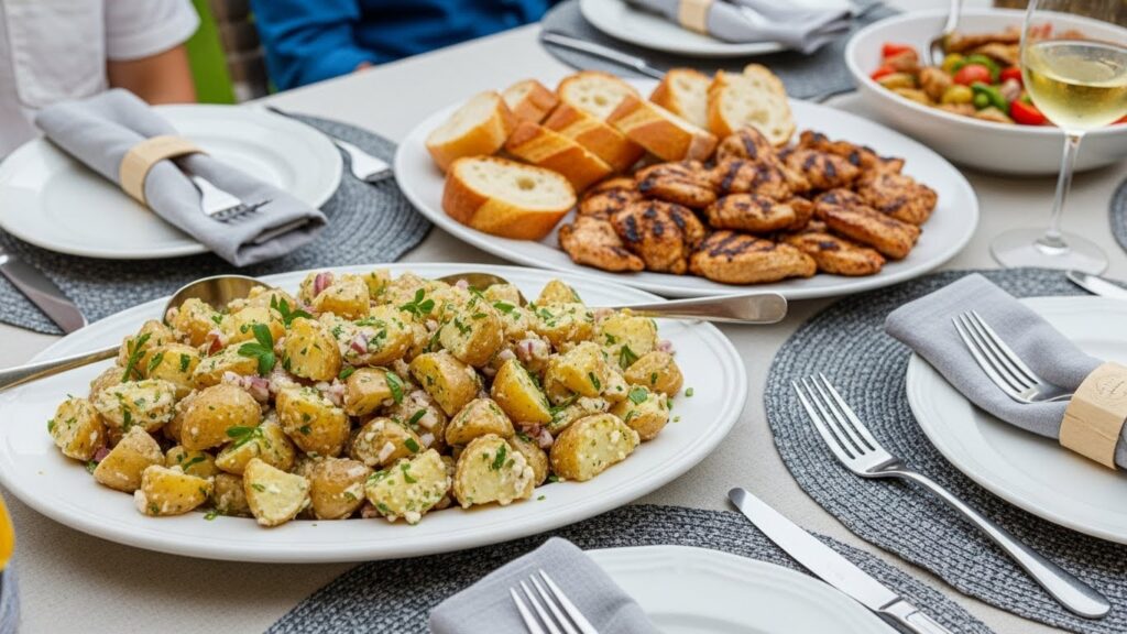 Italian potato salad served with grilled chicken and Italian bread on an outdoor summer table