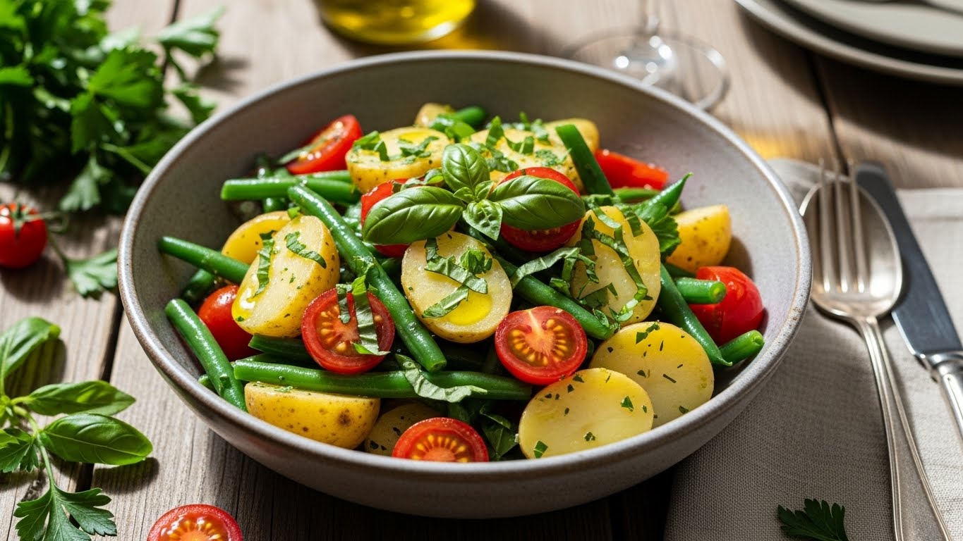 Italian potato salad with green beans and cherry tomatoes on a rustic summer table, garnished with fresh herbs