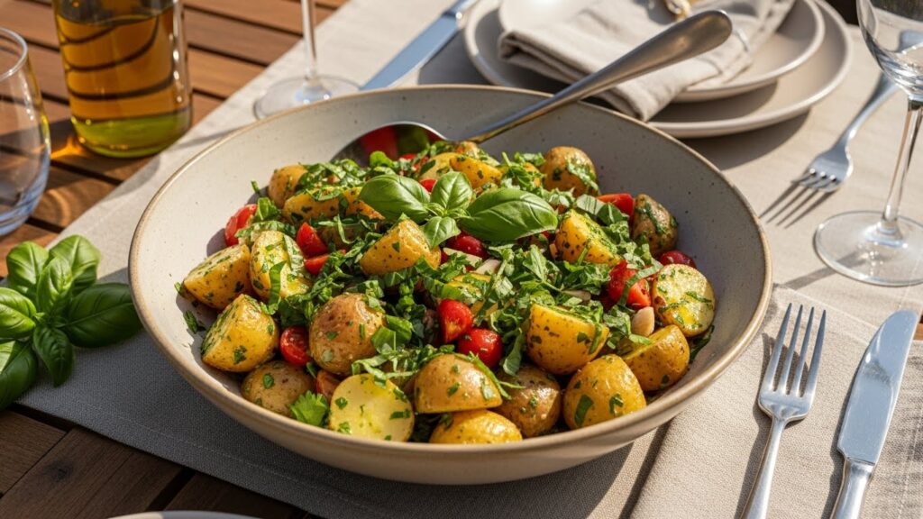 Italian potato salad with green beans and tomatoes in a rustic bowl, garnished with fresh herbs and olive oil
