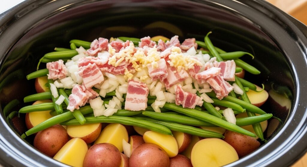Layering potatoes, green beans, bacon, onion, and garlic inside a crockpot