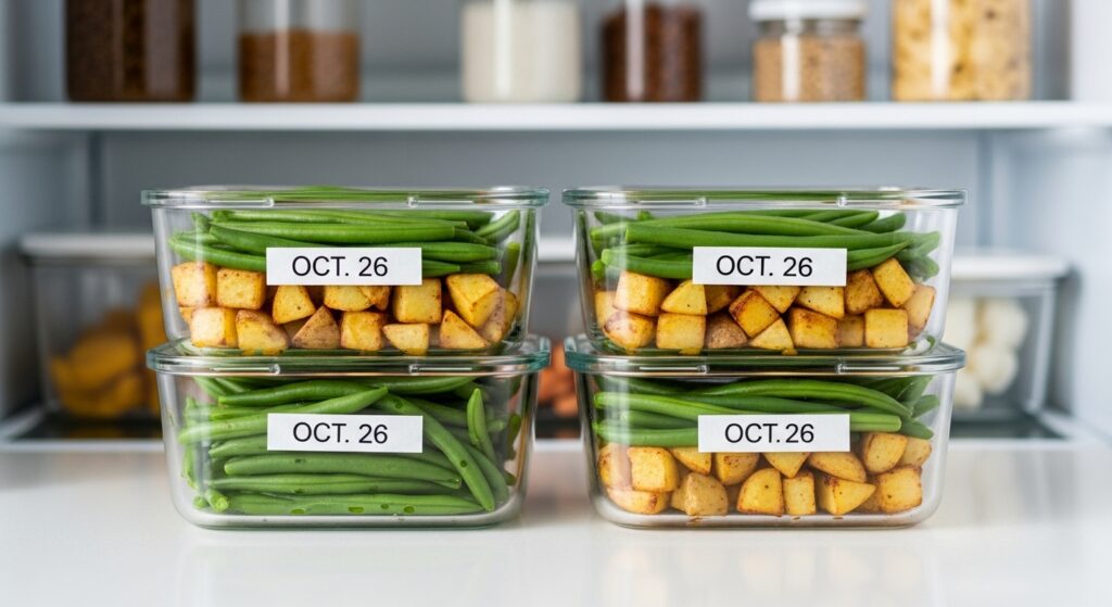 Leftover green beans and potatoes stored in airtight meal prep containers