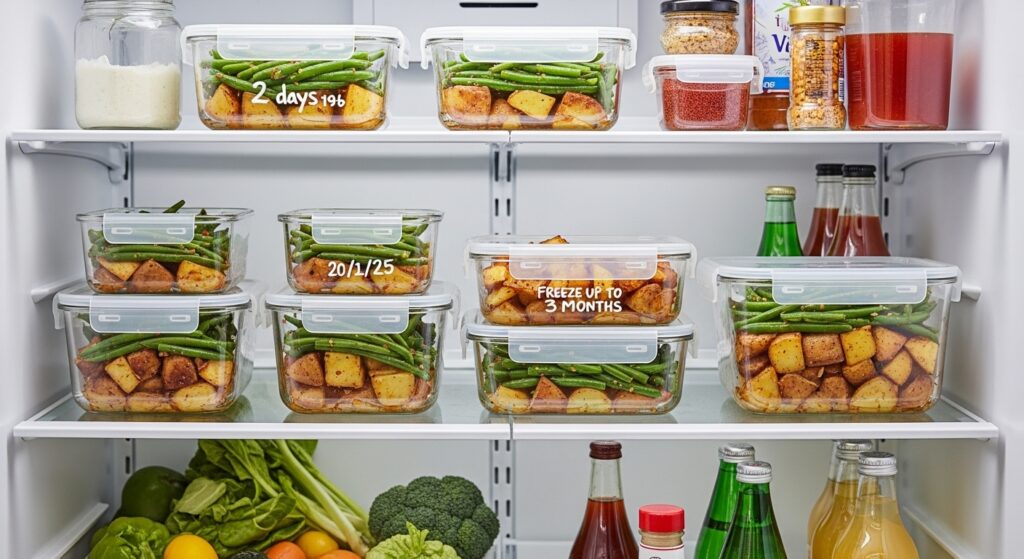 Meal-prep containers with green bean and potato dish in fridge for storage