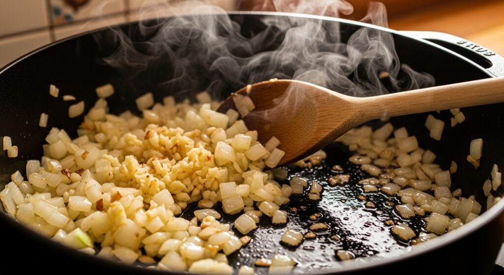 Onions and garlic sautéing in a pot with bacon grease