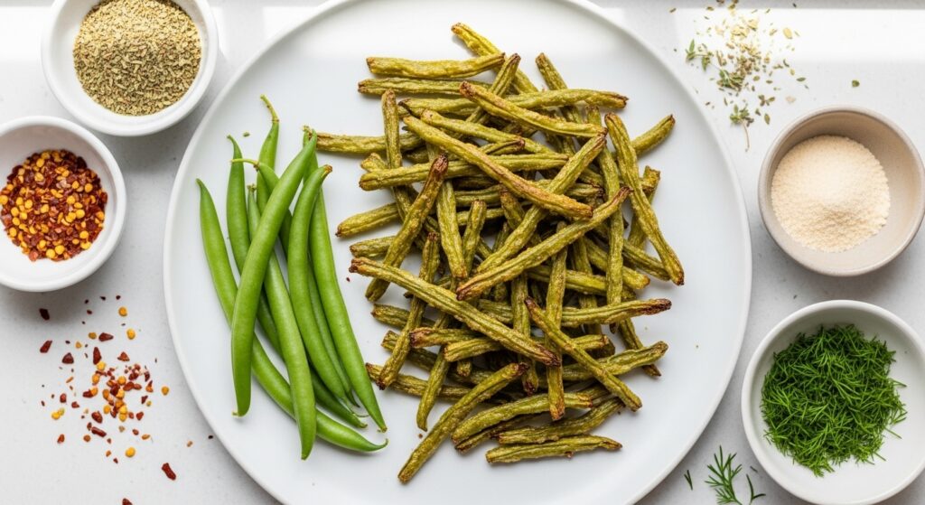 Overhead view of baked green bean chips with fresh green beans and herbs, highlighting health benefits
