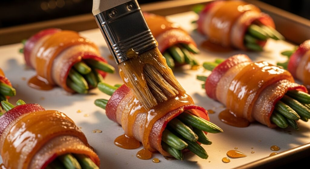 Pastry brush applying maple butter glaze to bacon-wrapped green bean bundles on a baking sheet.