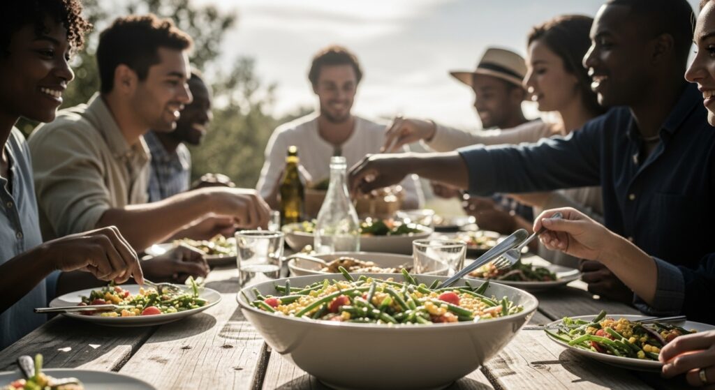 People enjoying fresh green bean corn tomato salad at outdoor summer picnic.