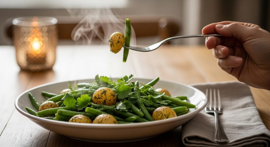 Person enjoying a bowl of green beans and potatoes at dinner table