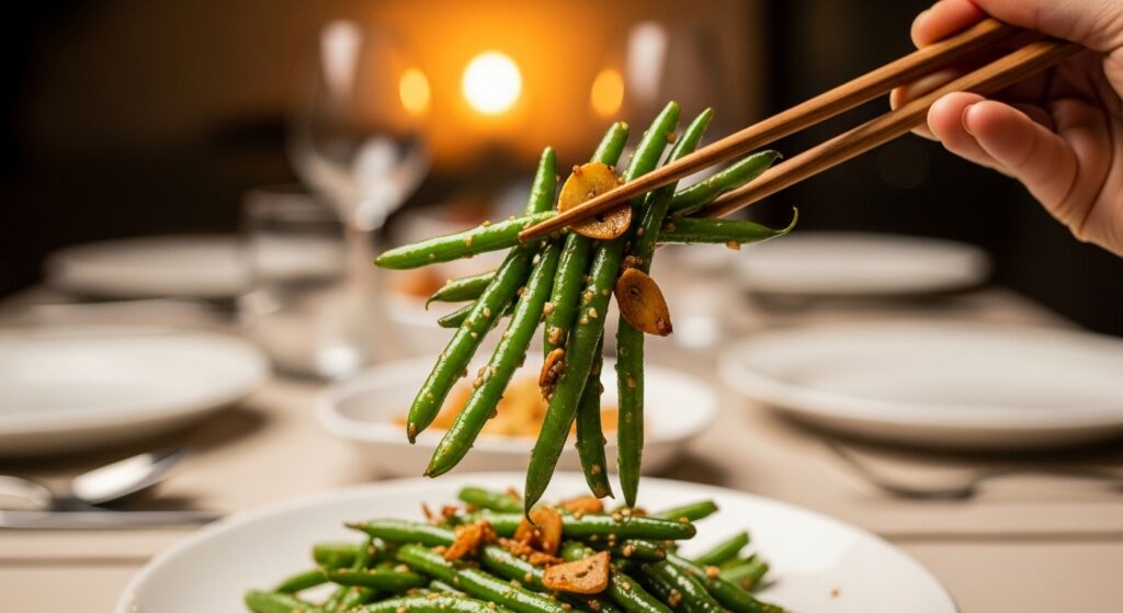Person holding crispy garlic green beans with chopsticks, ready to eat.