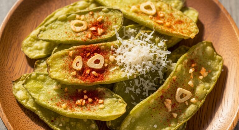 Plate of crispy green bean chips garnished with Parmesan and paprika on a rustic wooden table