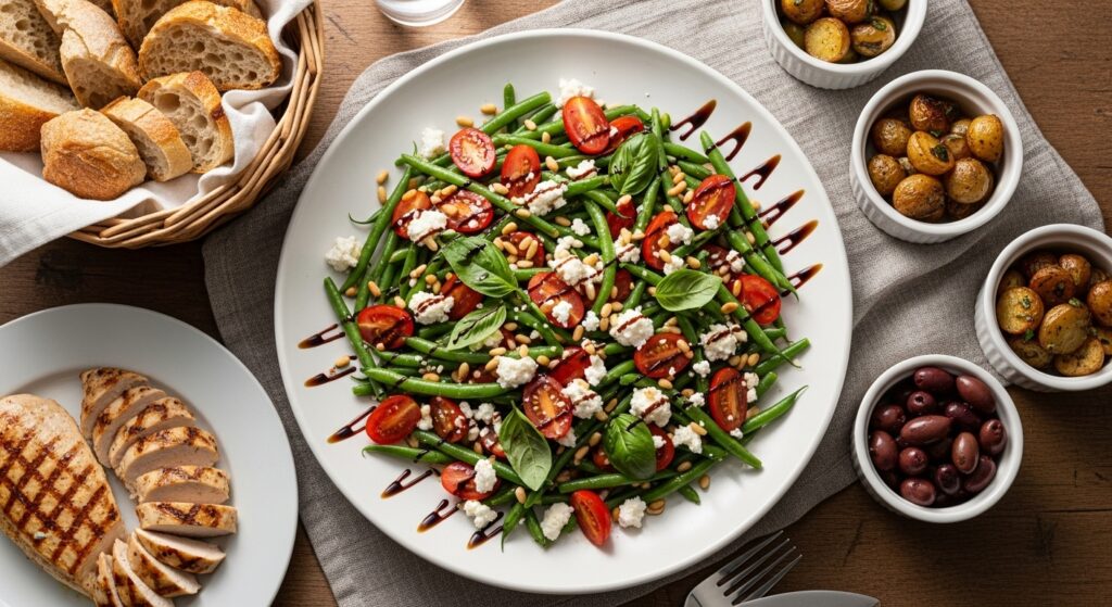 Plated green bean and tomato salad with feta, basil, and balsamic garnish.