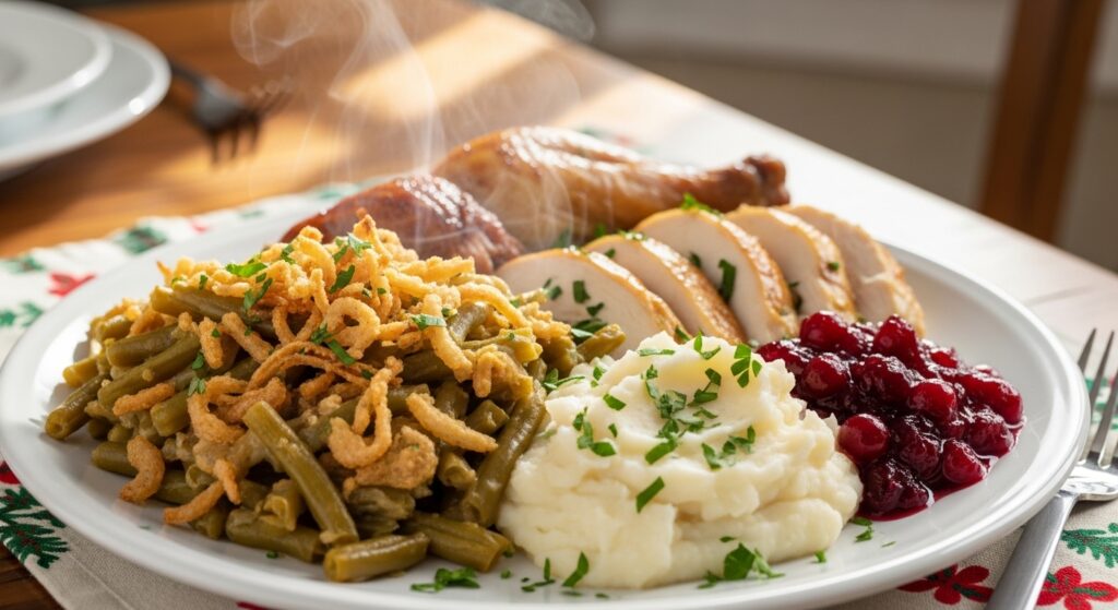 Plated green bean casserole served with roasted chicken, mashed potatoes, and cranberry sauce.