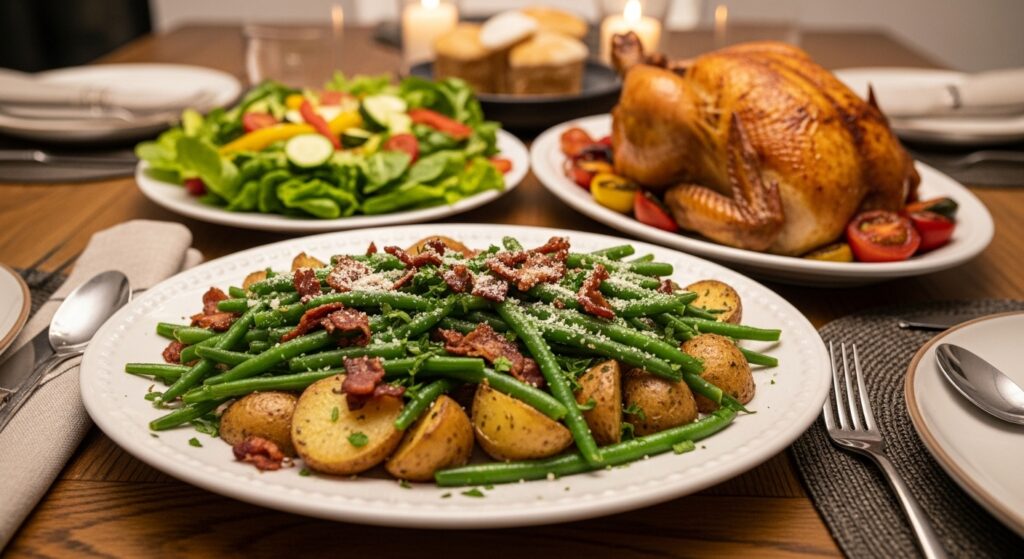Plated serving of green beans and potatoes side dish with bacon served alongside roasted chicken