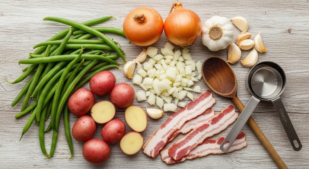 Raw ingredients for Southern green beans and potatoes laid out on a rustic kitchen surface