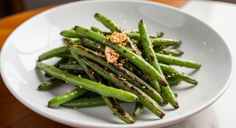 Restaurant-style crispy garlic green beans with charred spots and garlic bits served on a white plate.