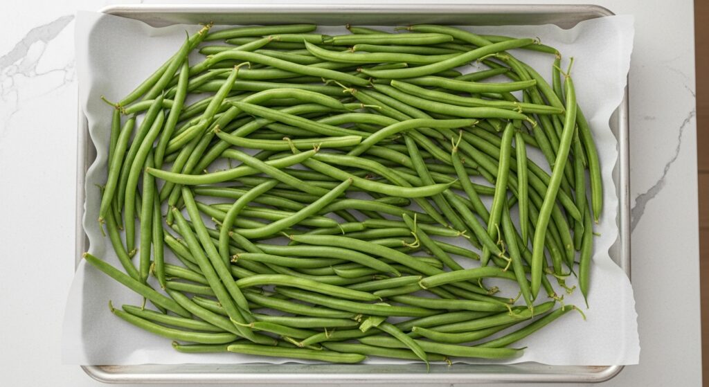Seasoned green beans arranged on a baking sheet for baking