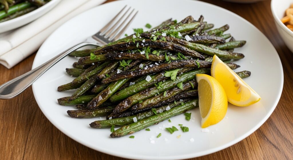 Served blackened green beans on a white plate with parsley and lemon garnish.