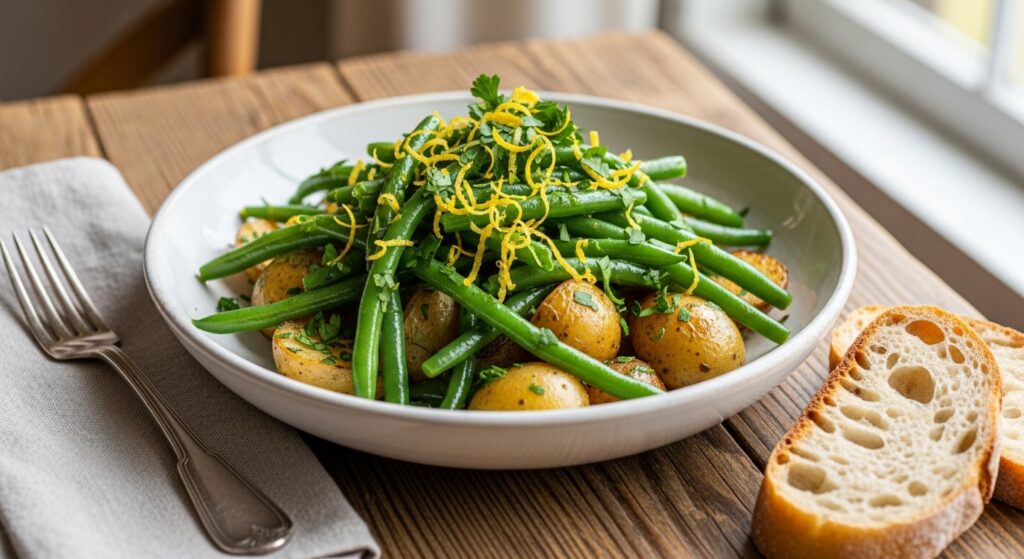 Served bowl of cooked green beans and potatoes with parsley garnish