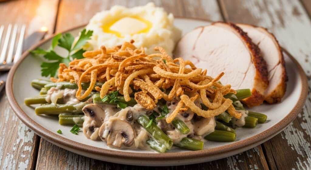 Served casserole on plate, paired with turkey or mashed potatoes, garnished with parsley.