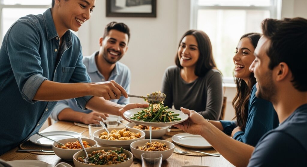 Serving coconut stir fried green beans to friends at dinner table