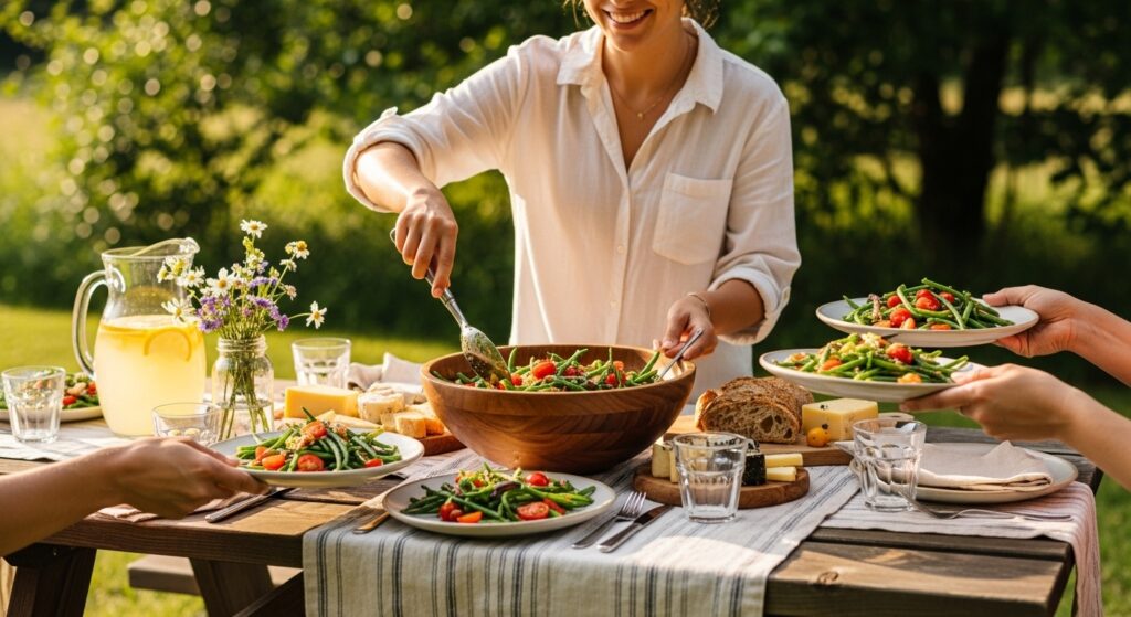 Serving green bean tomato salad at a picnic-style outdoor gathering.