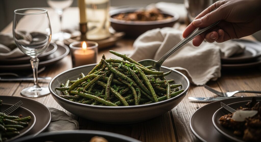 Sharing bowl of blackened green beans on family-style dinner table.