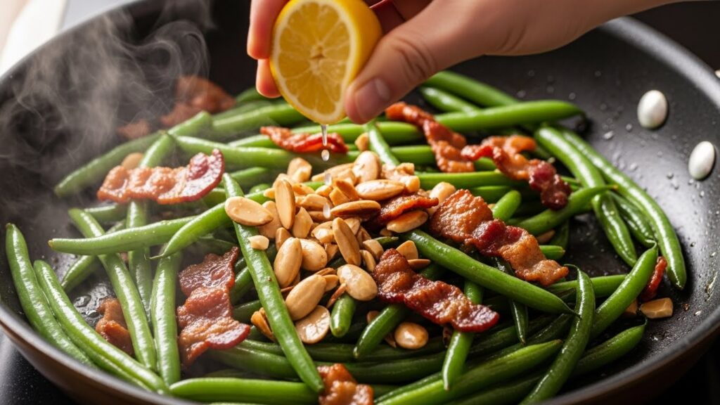 Skillet of green beans tossed with toasted almonds, crispy bacon, and fresh lemon.