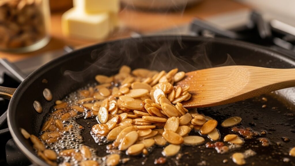 Sliced almonds toasting in butter and bacon fat in a skillet.