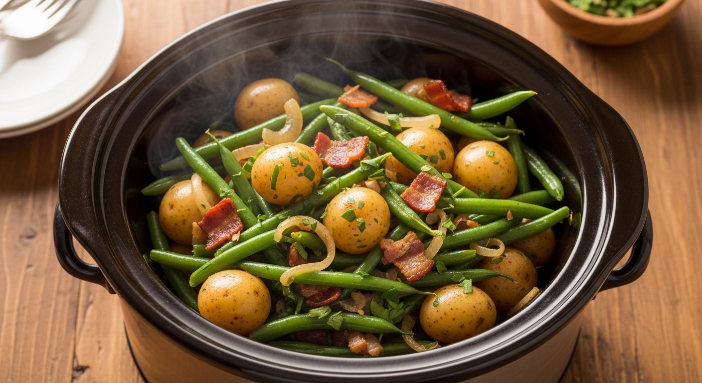 Slow cooker filled with green beans, potatoes, and bacon simmering on a rustic wooden table