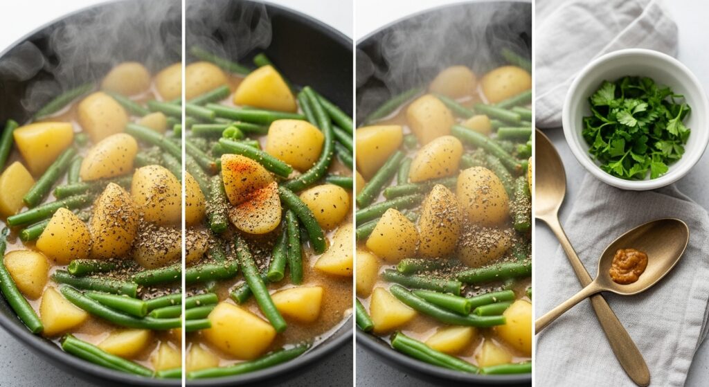 Step-by-step cooking process of sautéing potatoes, onions, garlic, and green beans