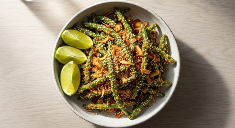 Stir-fried green beans with toasted coconut flakes served in a bowl with lime wedges