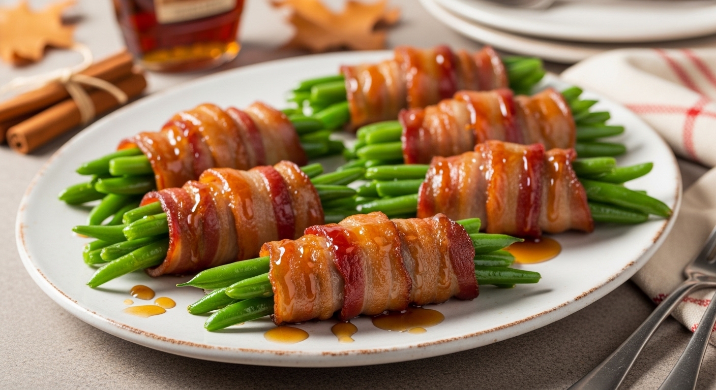 Sweet and savory maple bacon wrapped green bean bundles on a rustic serving platter with caramelized glaze.
