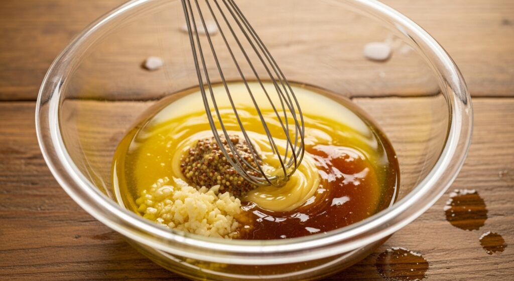Vinaigrette dressing being whisked with olive oil, lemon juice, garlic, mustard, and herbs.