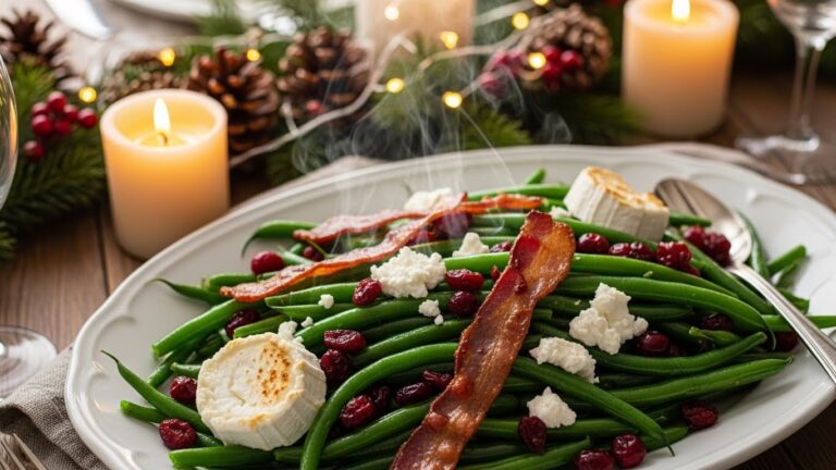 Warm holiday serving platter of green beans with cranberries, bacon, and goat cheese on a festive table