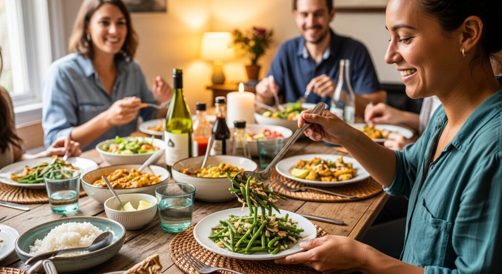 coconut stir fried green beans to friends at dinner table